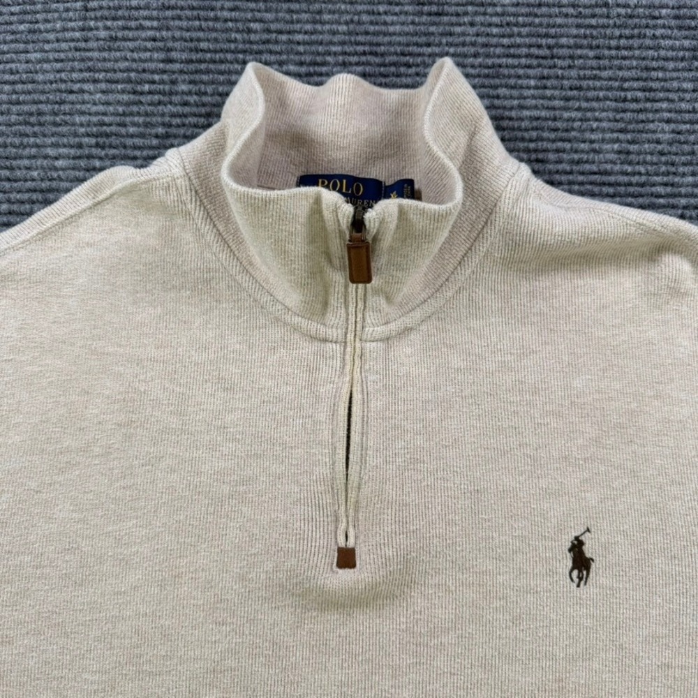 Polo Ralph Lauren Mens XL Quarter Zip Pullover Sweater Oatmeal Beige Cotton Pony - Picture 4 of 12
